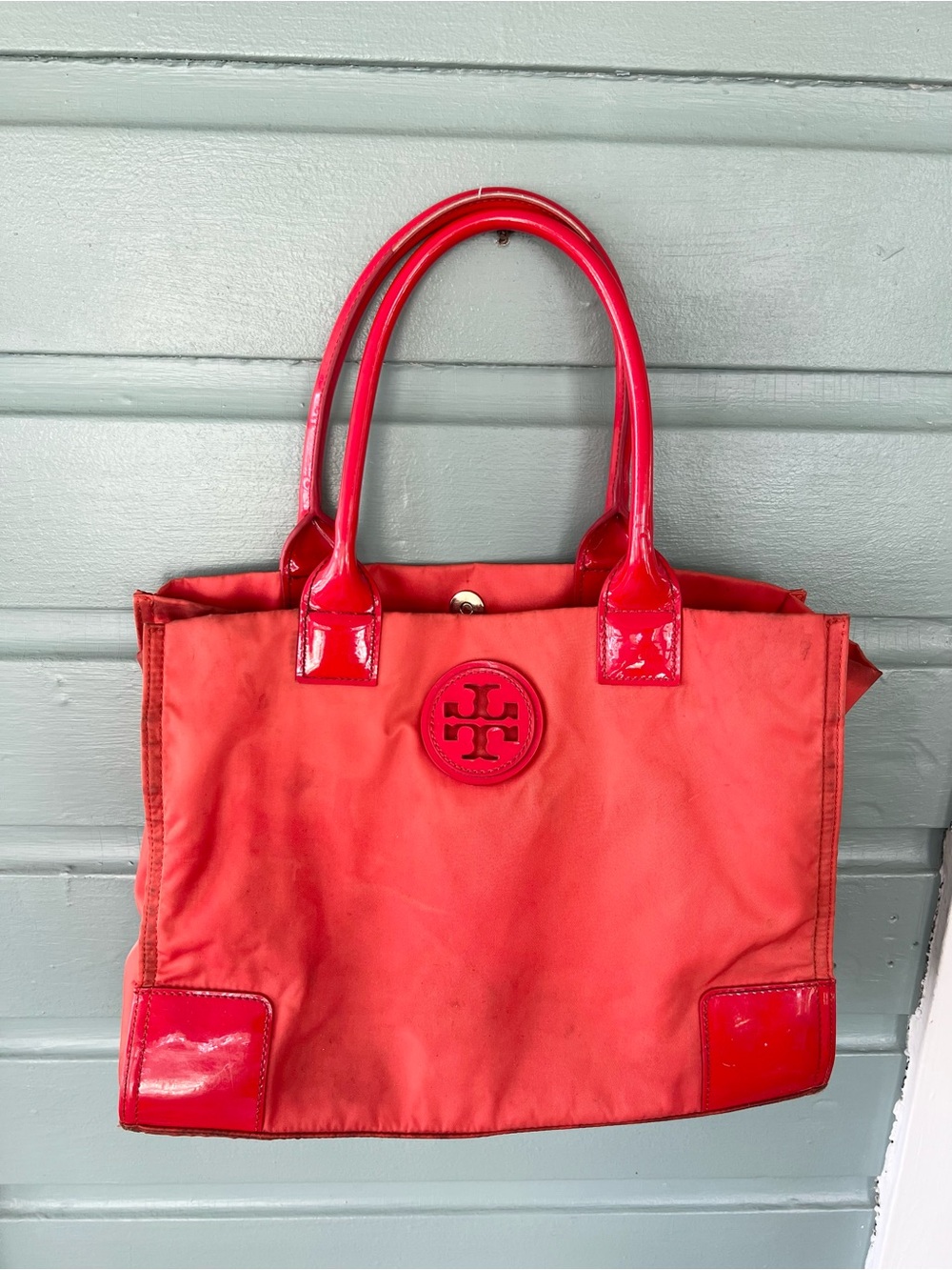 Tory Burch orange Ella tote bag shoulder purse nylon patent leather fall play